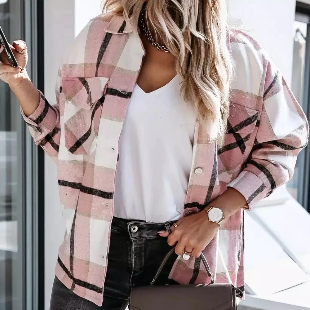 plaids pink white jacket button front tops shirt shacket